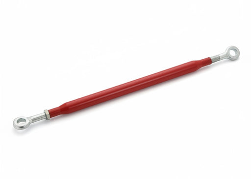 Red metal rod with eye bolts on a white background