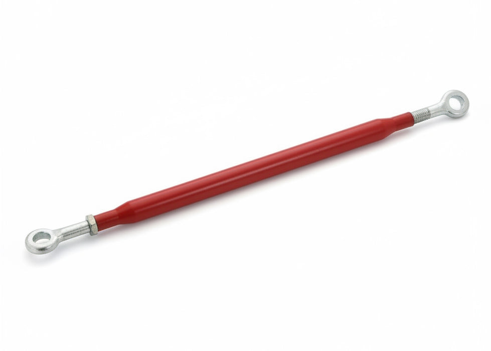 Red metal rod with eye bolts on a white background
