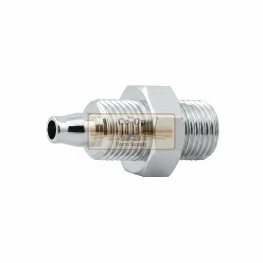 Metal fitting with a clear label on a white background