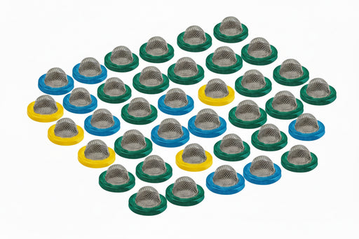 Multiple green yellow and blue with silver spray nozzle filters on a white background