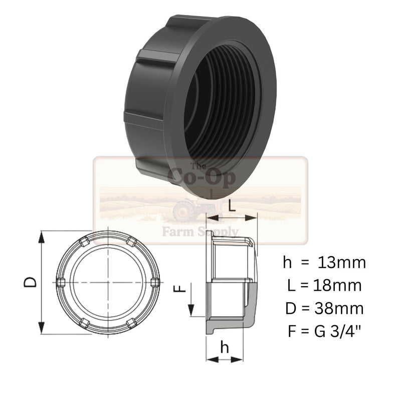 Black threaded plastic cap shown on a white background with technical dimension drawings and labels indicating measurements h = 13mm, L = 18mm, D = 38mm, and F = G 3/4".