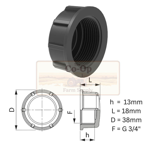 Black threaded plastic cap shown on a white background with technical dimension drawings and labels indicating measurements h = 13mm, L = 18mm, D = 38mm, and F = G 3/4".