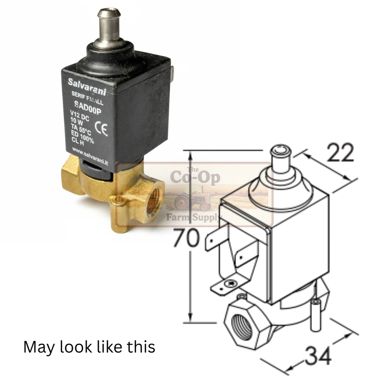 Electromagnetic valve with dimensions and branding on a white background