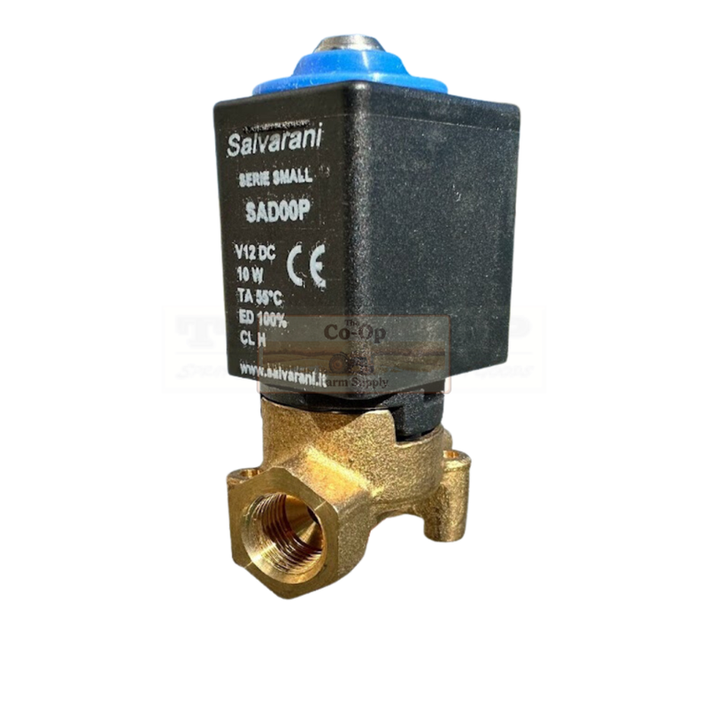 Electromagnetic valve with brass body and black housing on a white background