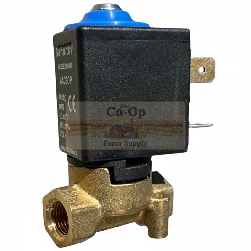 Electrical valve with black housing and brass body on a white background