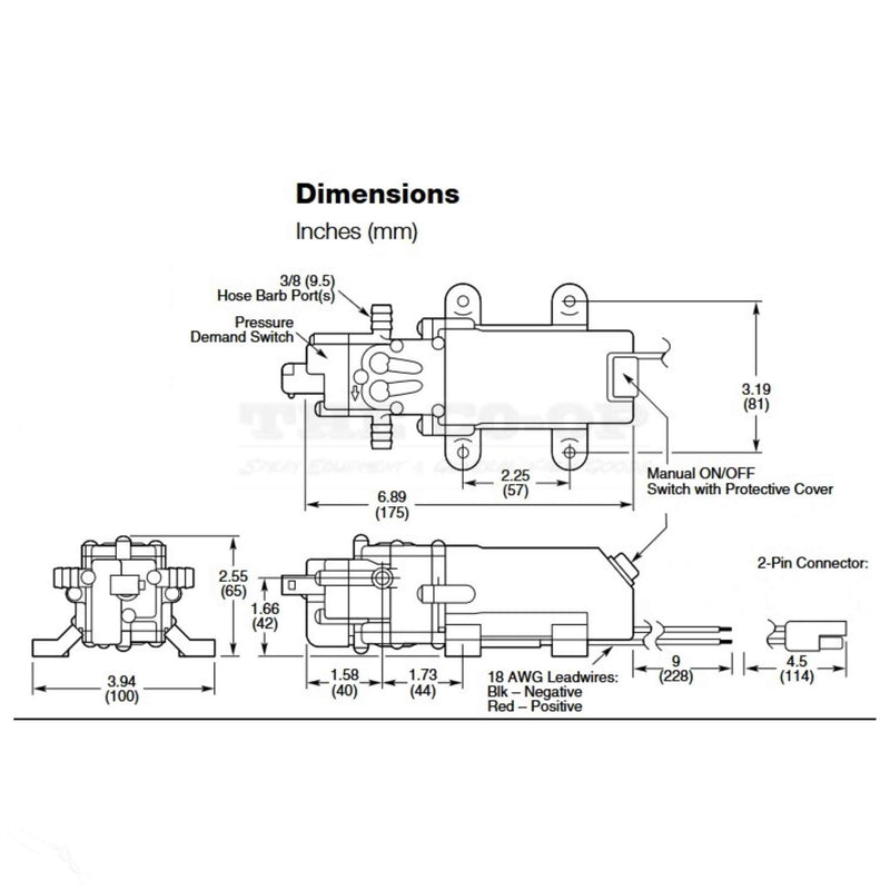 Delavan 2200 Series 12v chemical and water pump Dimensions data