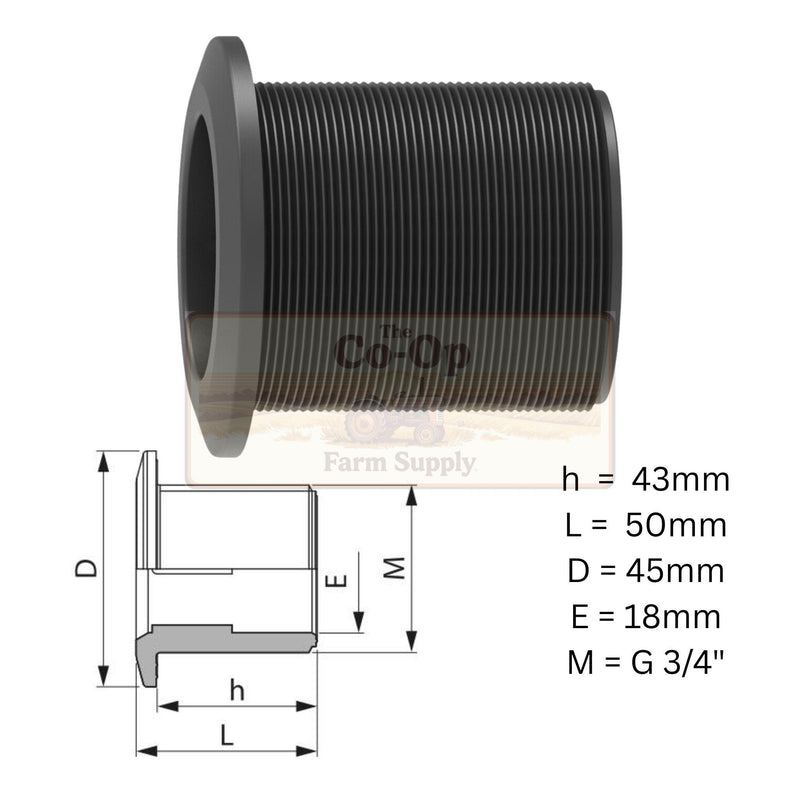 Black 3/4" Tankdrain outlet with dimensions detail