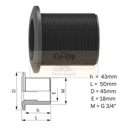 Black 3/4" Tankdrain outlet with dimensions detail