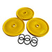 Three yellow circular parts with a central hole and six black rubber washers on a white background.