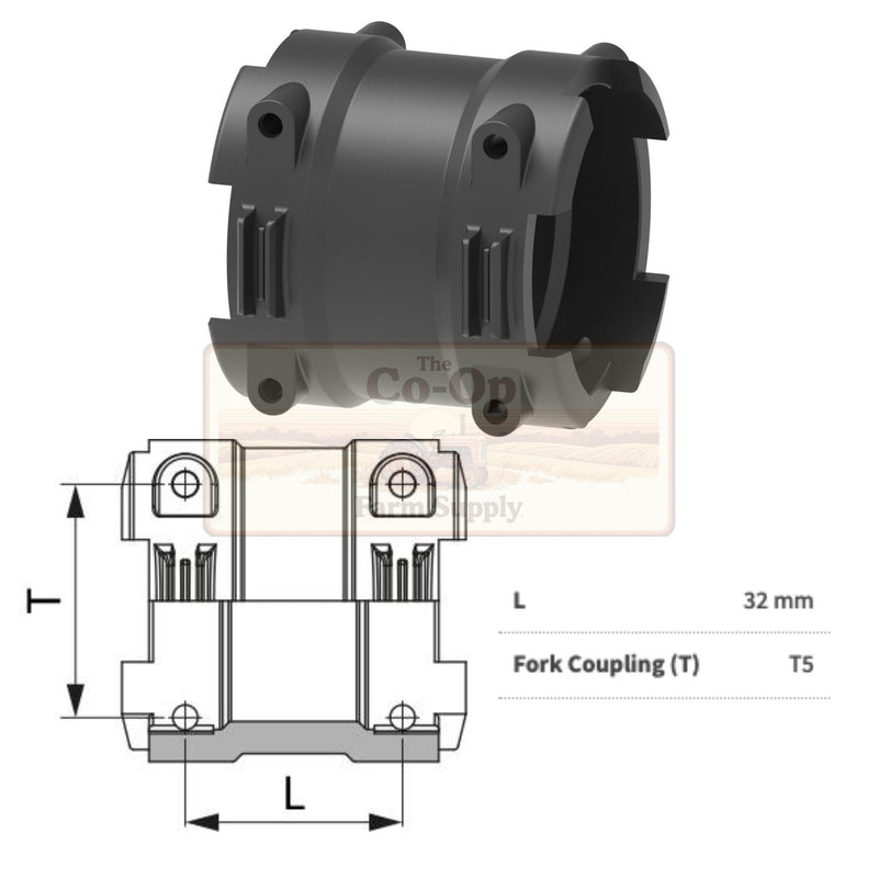 T5 Fork coupling and line drawing with specifications