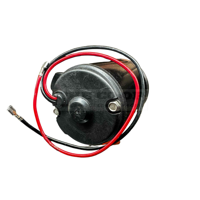 Black motor with red and black wires on a white background