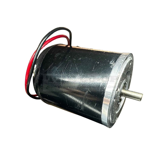 DC motor with red and black wires on a white background