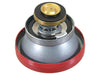 underside of red radiator cap on white back ground
