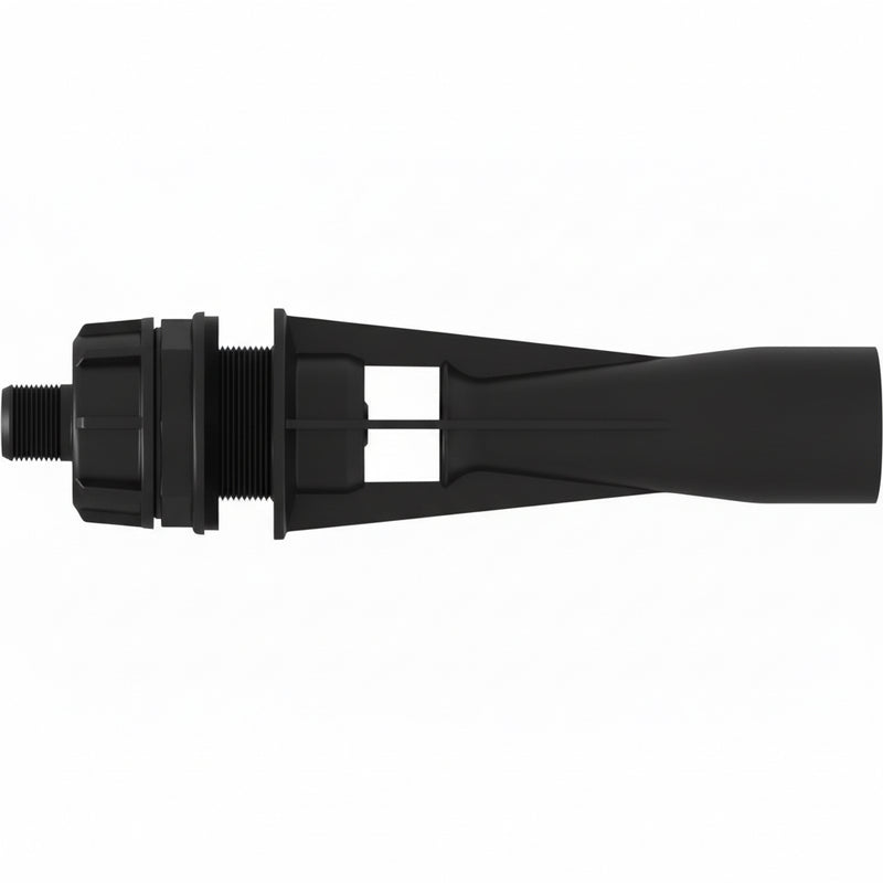 Black polymer fitting with threaded end on a white background