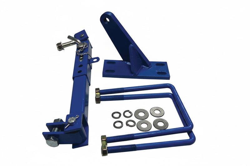 Blue metal bracket assembly with hardware on a white background