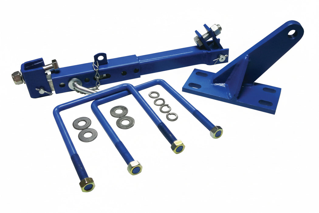 Blue metal bracket assembly with additional components on a white background