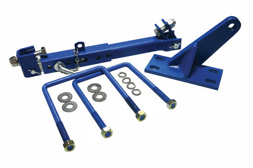 Blue metal bracket assembly with additional components on a white background