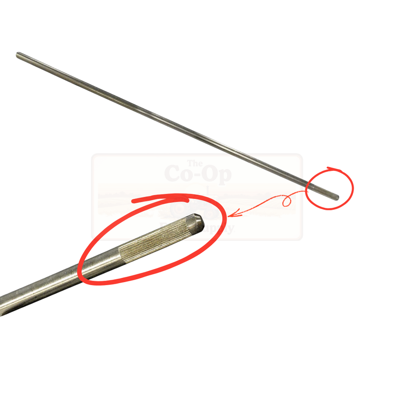 Two metal rods with one circled in red on a white background