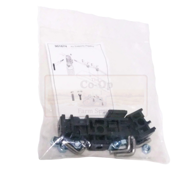 Packaged hardware kit with black components on a white background