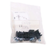 Packaged hardware kit with black components on a white background