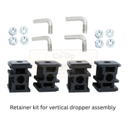Retainer kit for vertical dropper assembly with black plastic components and metal hardware on a white background.