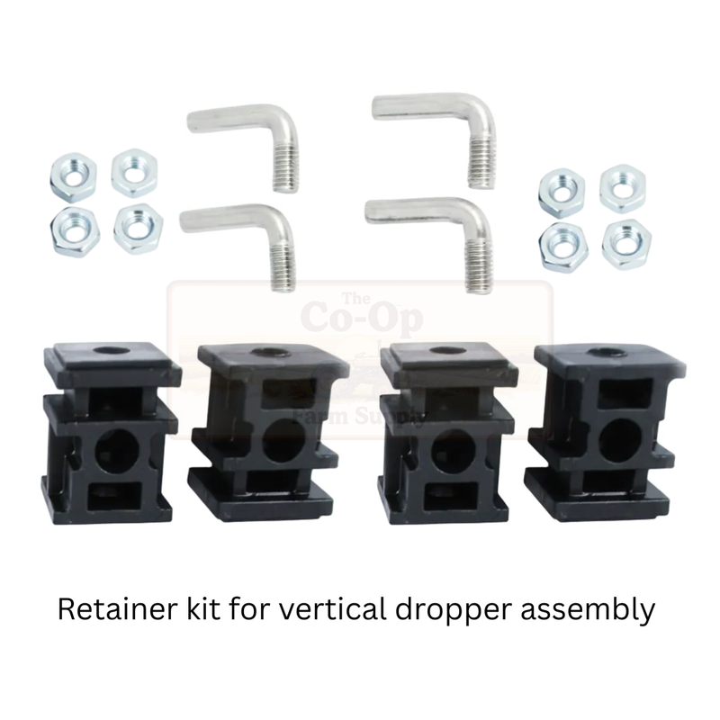 Retainer kit for vertical dropper assembly with black plastic components and metal hardware on a white background.