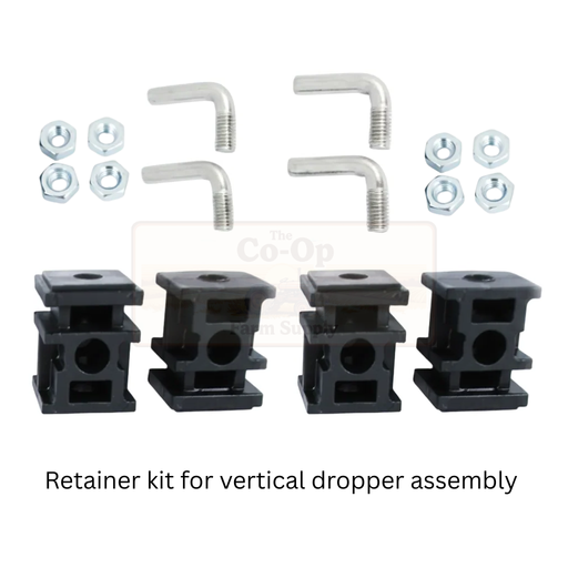 Retainer kit for vertical dropper assembly with black plastic components and metal hardware on a white background.