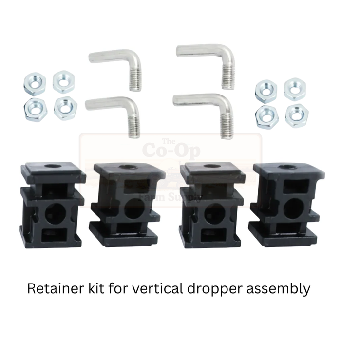 Retainer kit for vertical dropper assembly with black plastic components and metal hardware on a white background.