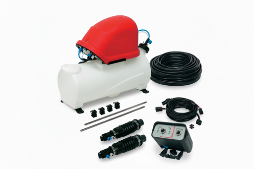 Pneumatic foam marker compressor, tank, hoses, nozzles, and control panel on a white background.