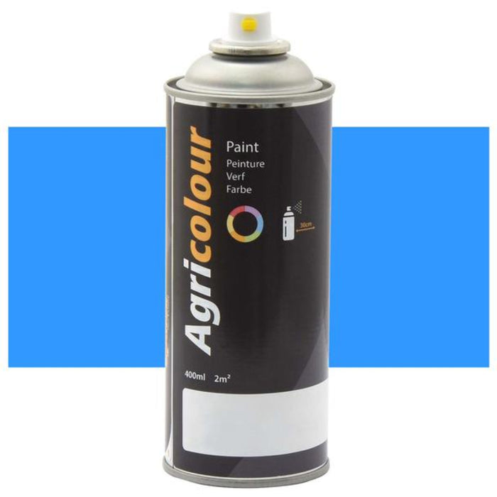 Agricolour spray paint can on a white background with blue color swatch.