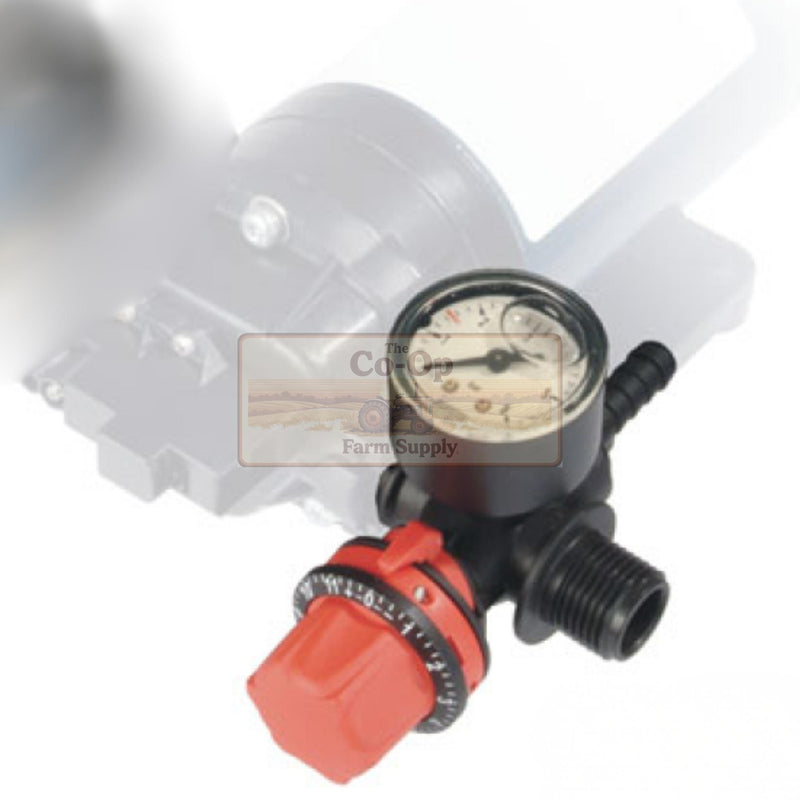 A black and red water pump regulator with an analog pressure gauge, shown against a white background with a faint faded product image behind it.
