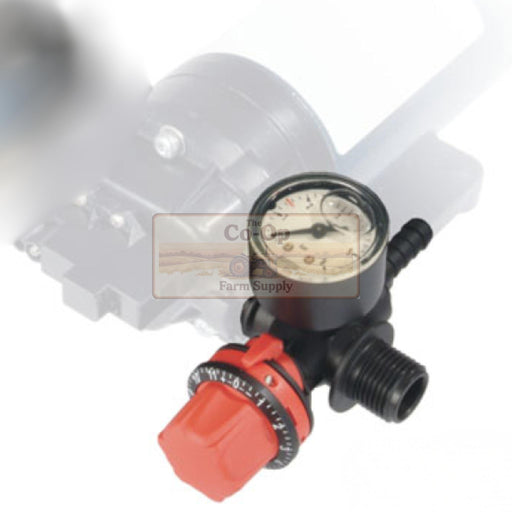 A black and red water pump regulator with an analog pressure gauge, shown against a white background with a faint faded product image behind it.