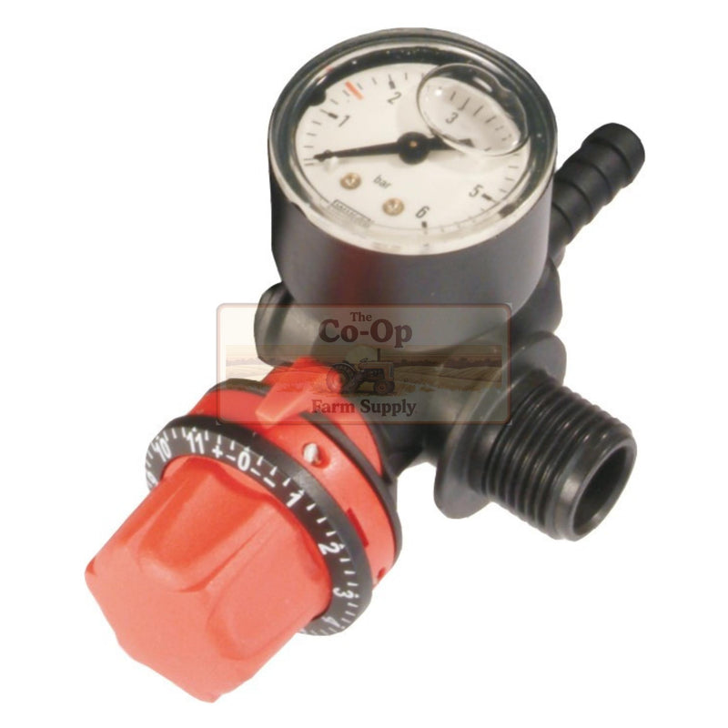 A black and red water pressure regulator with a dial gauge, shown on a white background with a 'The Co-Op Farm Supply' watermark overlay.
