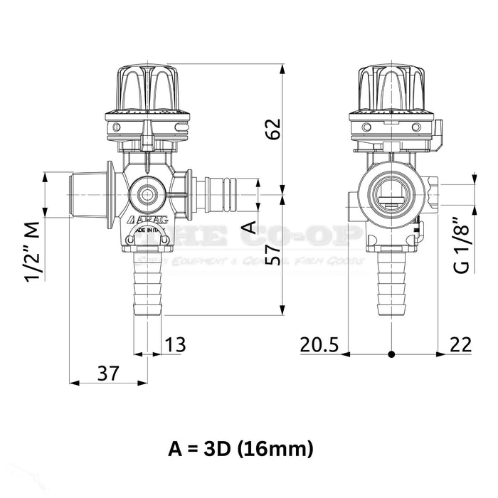 Regulator for 12v Pump with 3D QC mount with 40mm Gauge - THE CO-OP 9620422.GAUGE dimensions