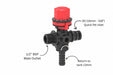 Pump control valve with labeled features on a white background