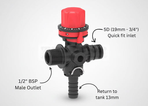 Valve with red top and labeled features on a white background