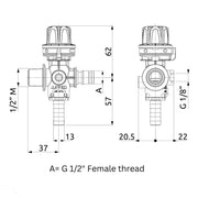 Pressure regulator for 12 volt threaded outlet pumps ARAG 9620922 with Gauge 9620922.GAUGE dimensions