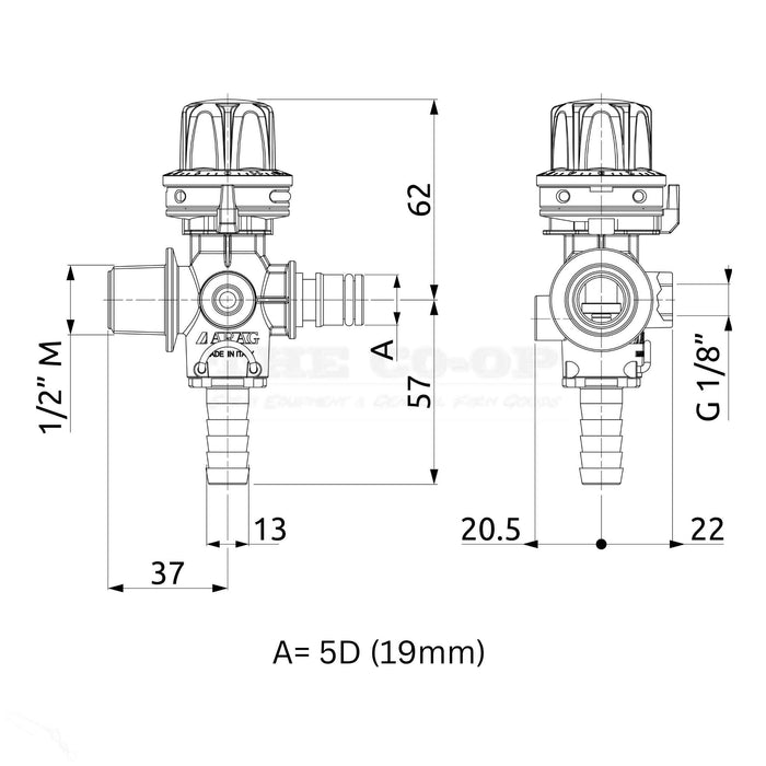 ARAG pressure controller for 5D quick connect 12 volt pumps 9620522 dimensions