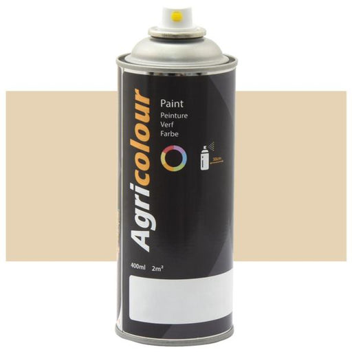 Agricolour spray paint can with a sample of yellow paint on a white background