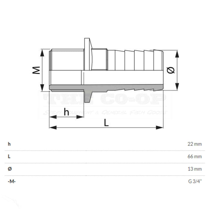 Poly 3/4 threaded male to 1/2" hose barb fitting ARAG.1032313 dimensions