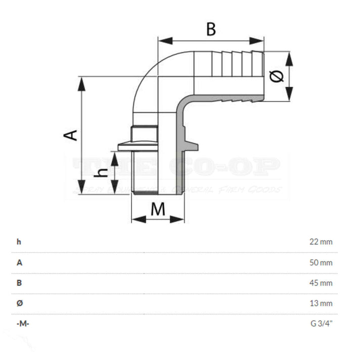 Threaded Elbow Hose Barb 3/4 Male thread to 13mm (1/2") hose Barb