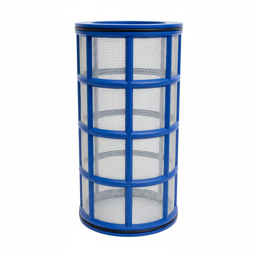 Cylindrical filter with blue metal frame and clear mesh on a white background