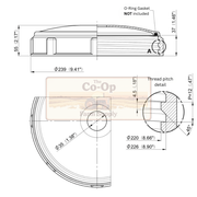 Technical drawing of a mechanical component with dimensions and Co-Op branding.