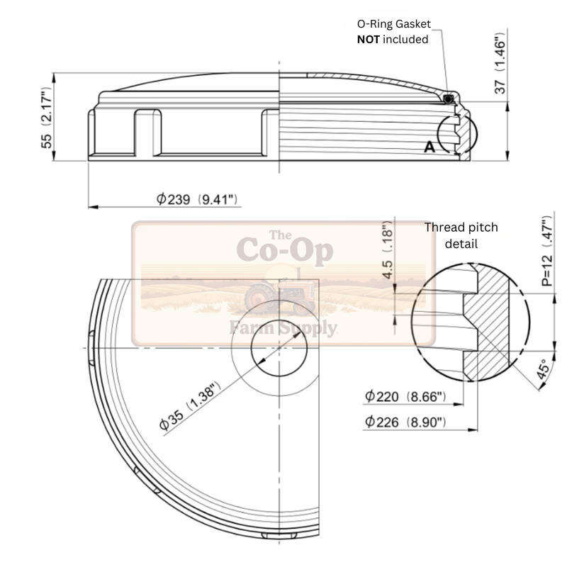 Technical drawing of a mechanical component with dimensions and Co-Op branding.