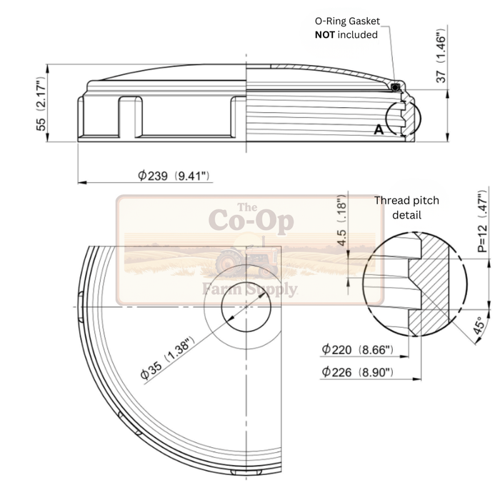 Technical drawing of a mechanical component with dimensions and Co-Op branding.