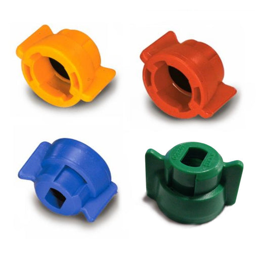 Four colorful plastic connectors in orange, red, blue, and green on a white background.