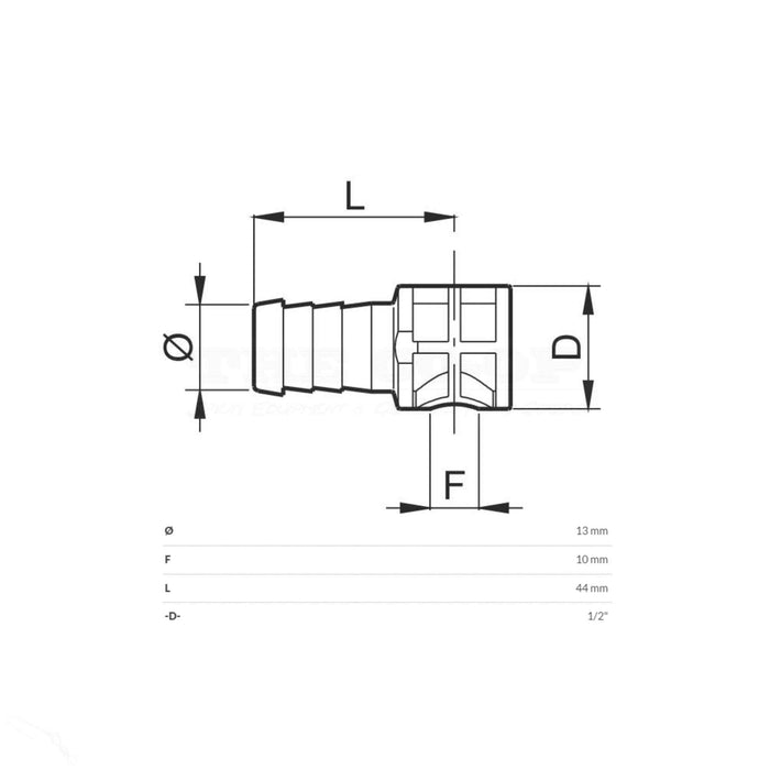 TeeJet Style Spray boom nozzle mount single barb 426413 dimensions