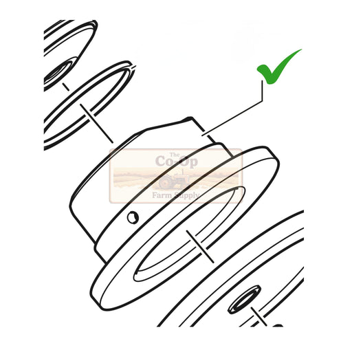 Black and white exploded view line drawing of a mechanical part with a green check mark, on a white background with a faint 'The Coop Farm Supply' watermark.