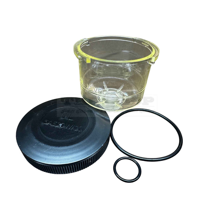 Clear plastic container with black lid and O-ring on a white background Silvan Replacement parts Oil Viewer Assy C1208-015