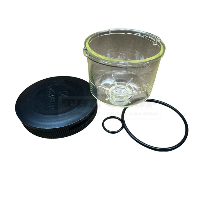 Clear plastic container with black lid and gasket on a white background